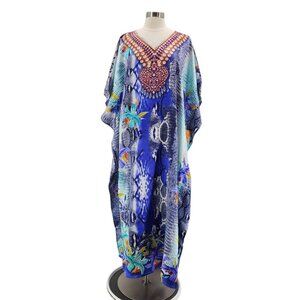 NWT Gold Coast Satin Multicolor Floral Kaftan Long Maxi Dress Womens One Size